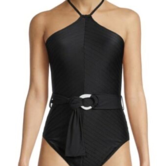 Time and Tru Womens Chevron Halter One Piece Swimsuit Color Black Size S (4-6) - Picture 1 of 4